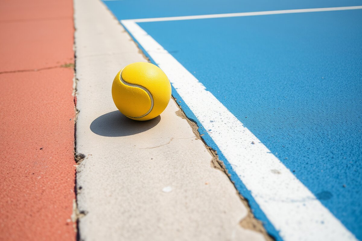 Close-up of a blue acrylic-coated concrete pickleball court surface with white lines