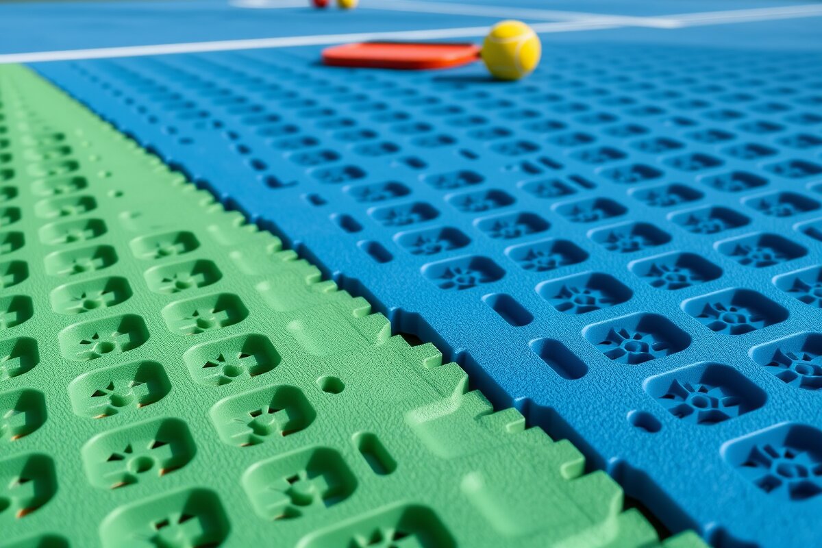 Interlocking modular sport court tiles on an outdoor pickleball court