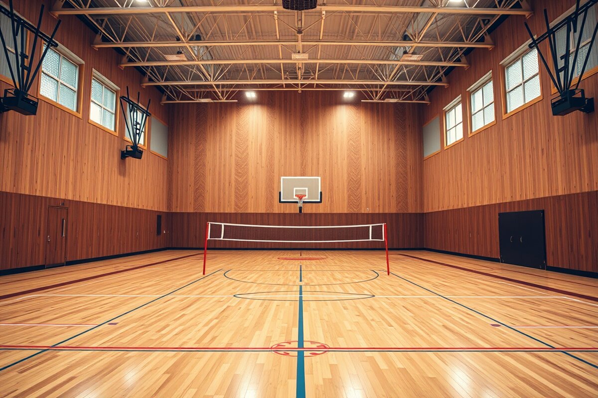 Indoor gymnasium wood floor set up for pickleball with a portable net
