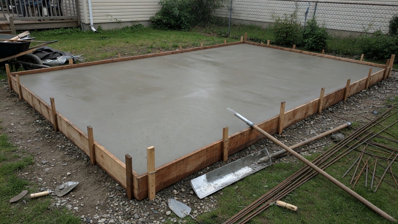 A freshly finished concrete slab still inside wooden forms in a backyard, with rebar, a bull float, and a trowel beside the pour