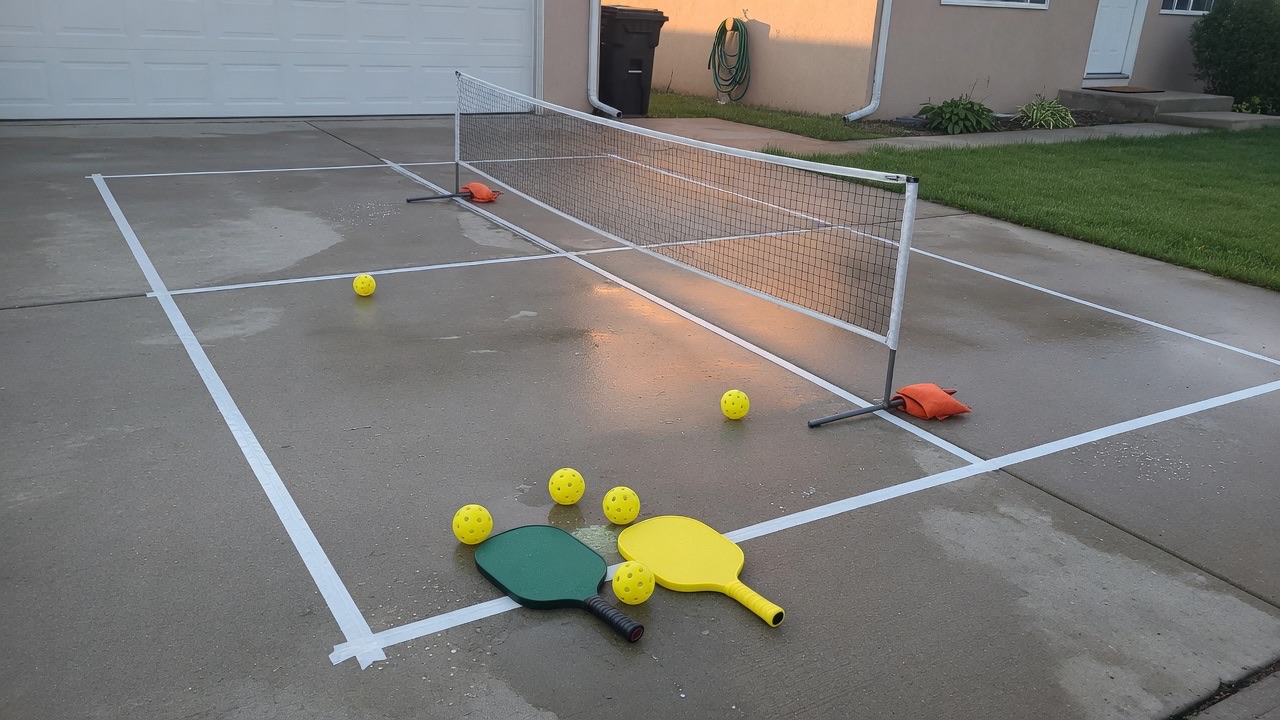 A home driveway set up as a temporary pickleball court with one portable net, taped lines, two solid paddles, and perforated plastic balls