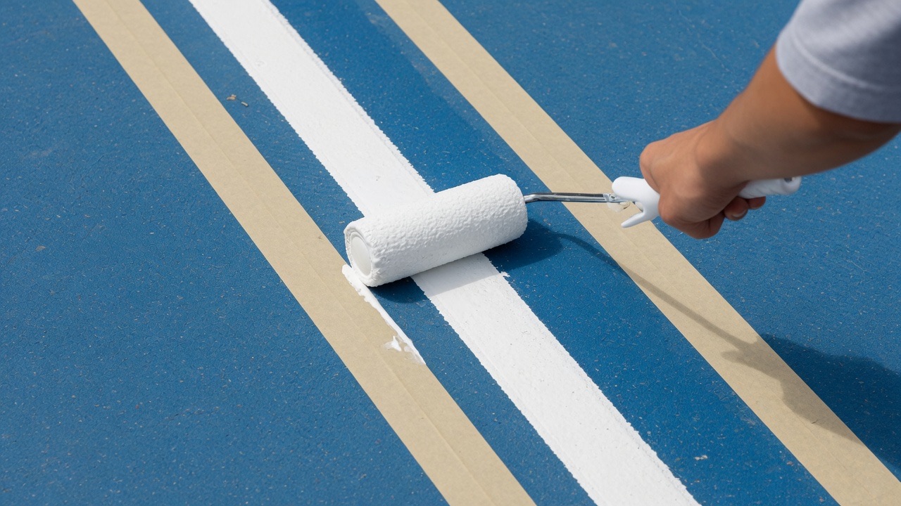 A paint roller laying a crisp white line between strips of masking tape on a blue acrylic court surface