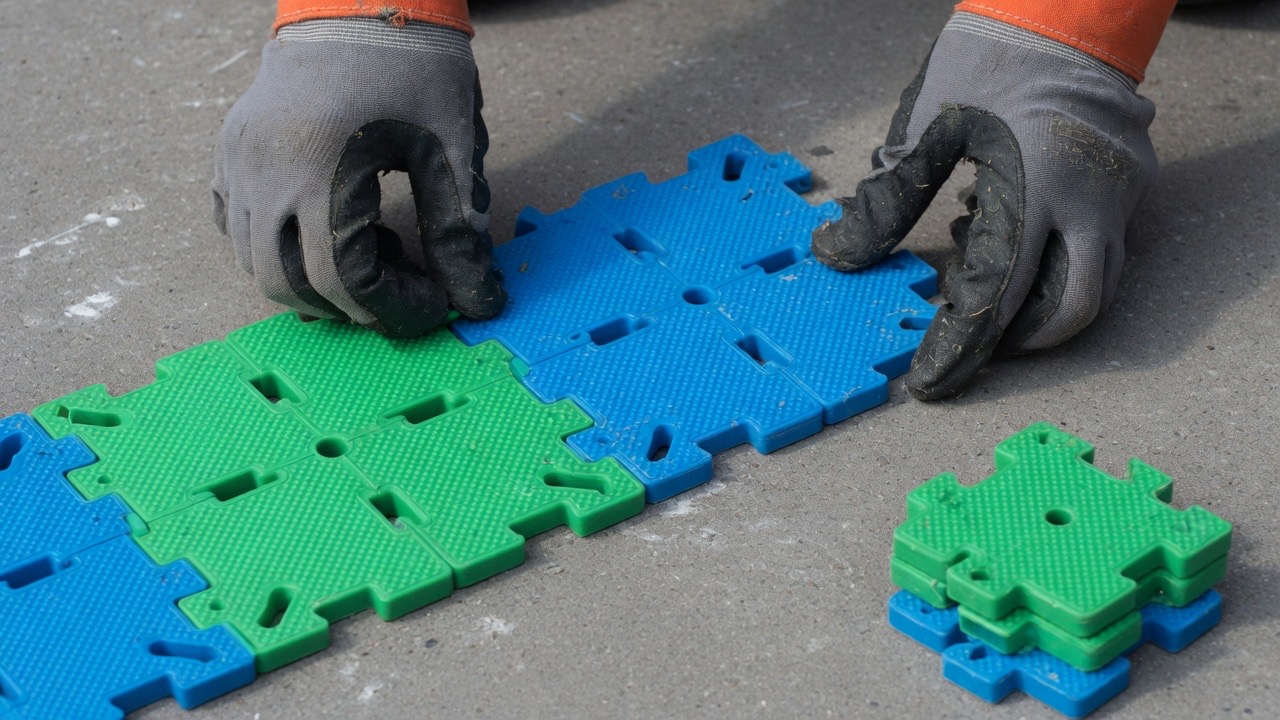 Gloved hands snapping blue and green interlocking sport-court tiles together on a concrete pad, with a stack of spare tiles nearby