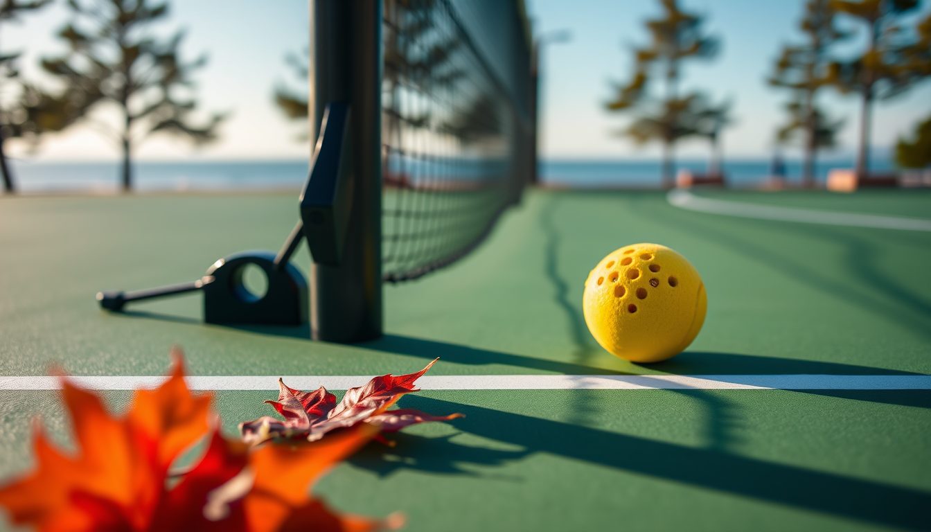 Pickleball net post and kitchen line on an empty outdoor court with a yellow pickleball and autumn leaves, ocean and pines behind