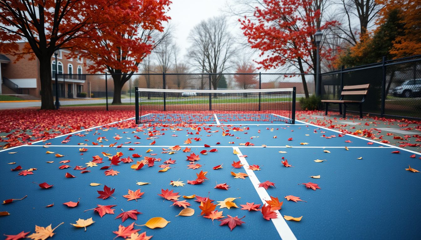 Empty town-park pickleball court covered in red and orange autumn leaves, one net and a bench by the fence