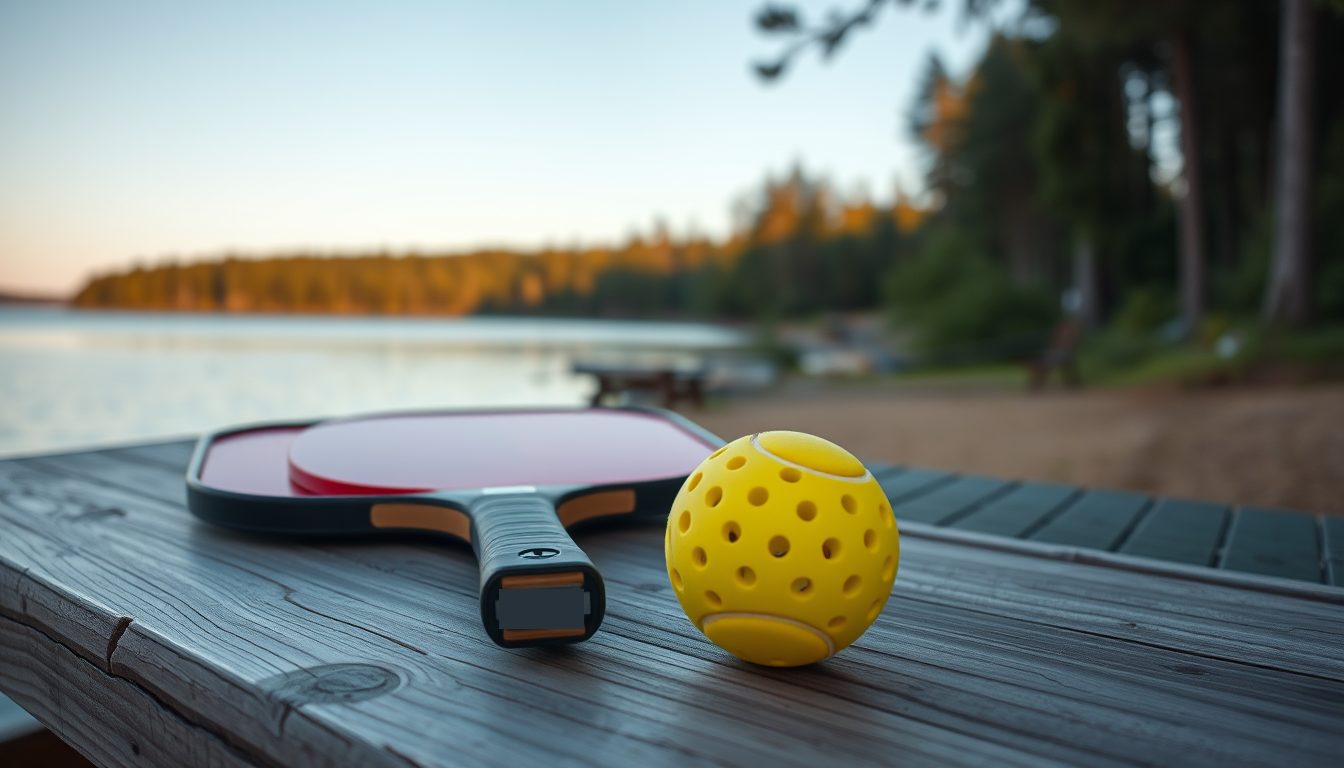 Pickleball paddle and yellow pickleball on a weathered wooden deck beside a calm lake at dusk