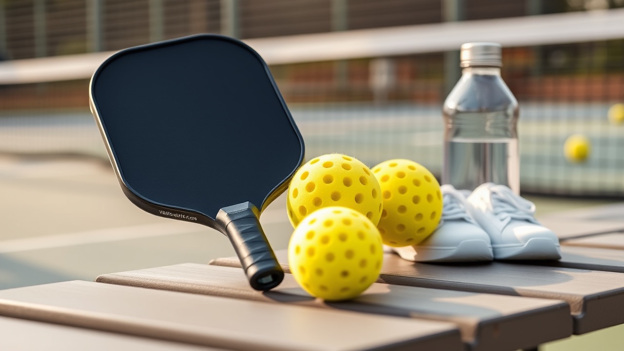 Starter pickleball kit on a courtside bench: paddle, yellow pickleballs, court shoes, and a water bottle