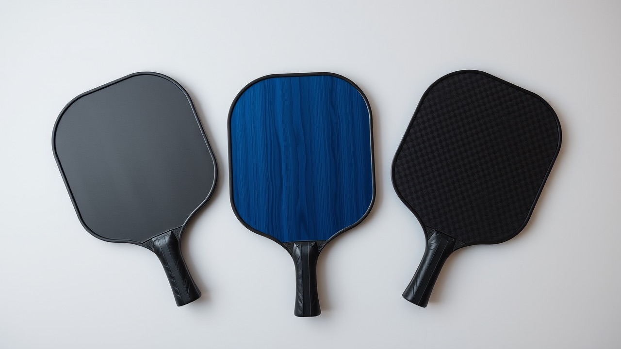 Three unbranded pickleball paddles side by side: matte black, blue fiberglass, and woven carbon fiber faces