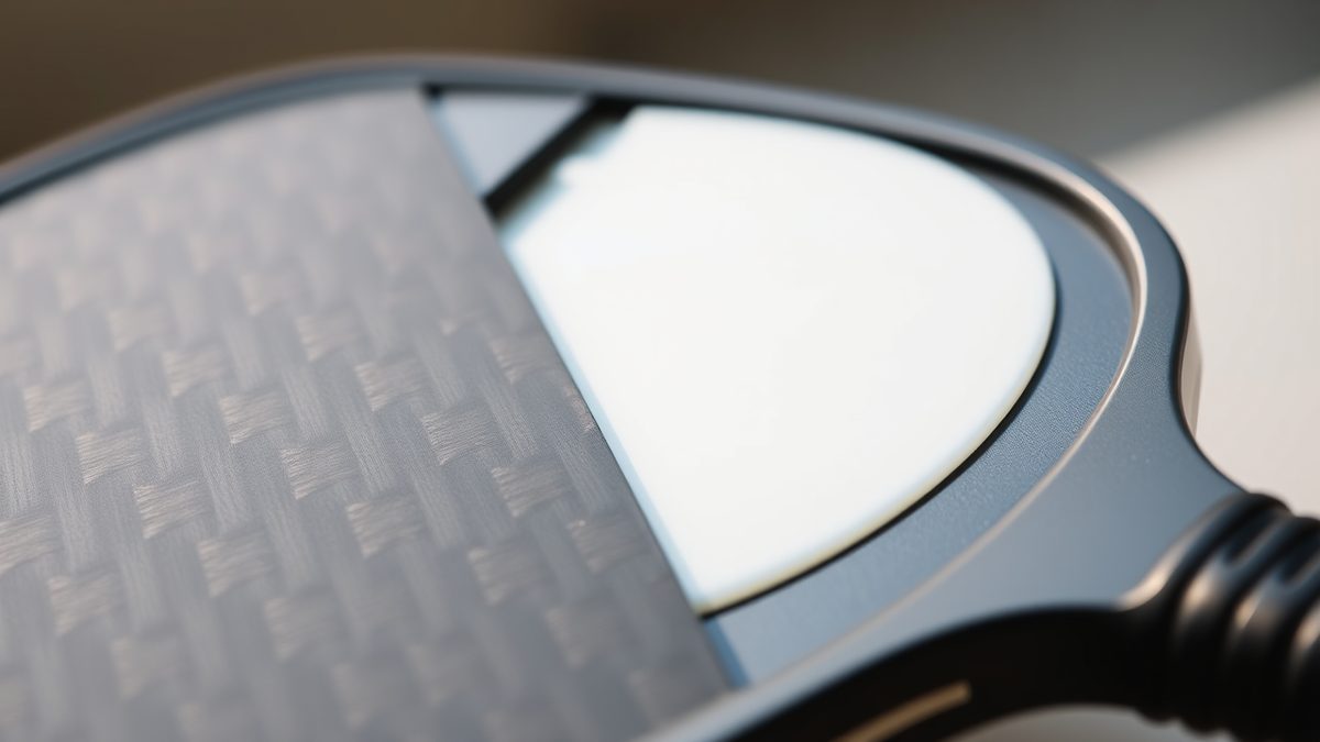 Macro of a woven carbon fiber pickleball paddle face beside a smooth composite face