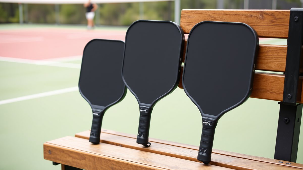 Three pickleball paddles on a bench, from a shorter wider face to a longer narrower face