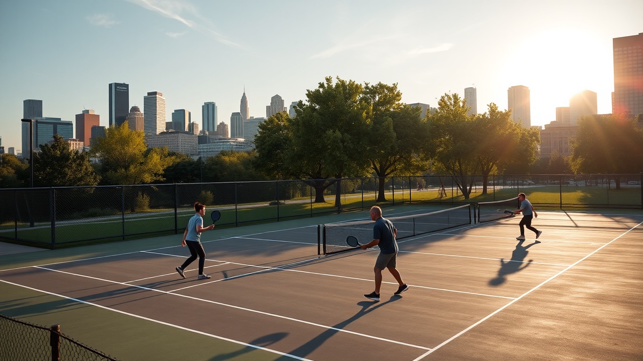 Players on public city park pickleball courts with a downtown skyline in the background