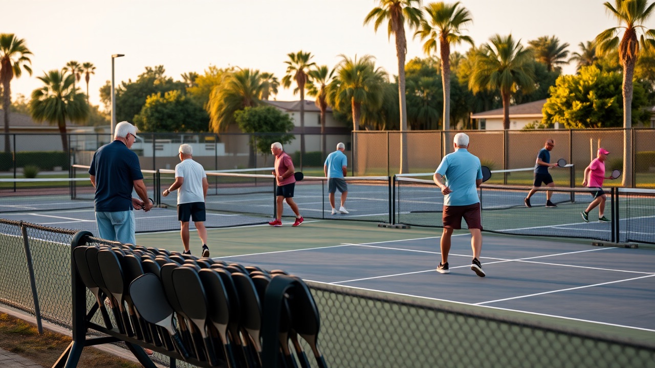 Early morning open play at outdoor community pickleball courts with paddles lined up in a queue rack