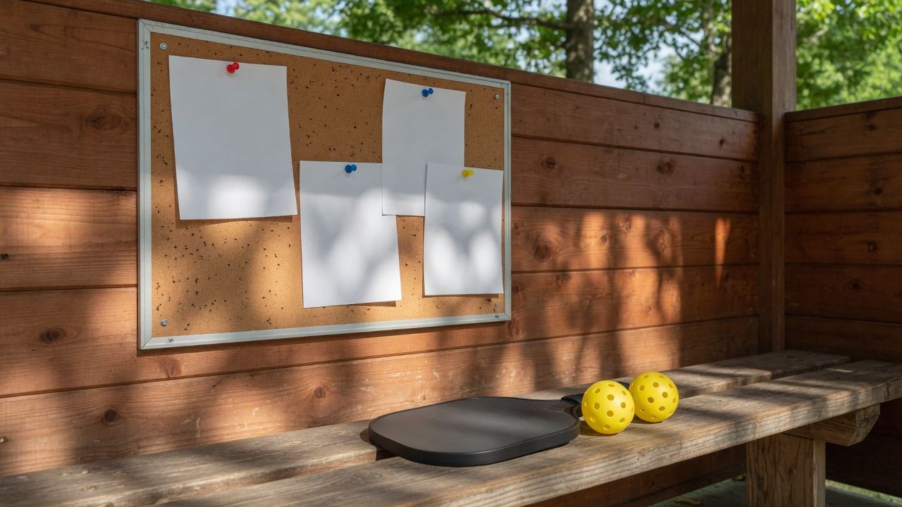 Cork bulletin board on a wooden park pavilion wall with blank pinned sheets, a solid pickleball paddle, and two yellow balls on the bench