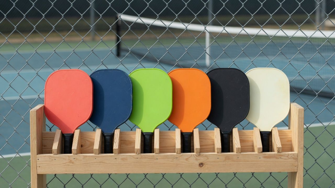 Close-up of an open-play paddle rack on a fence, holding a row of different-colored solid pickleball paddles, with one net on the court behind