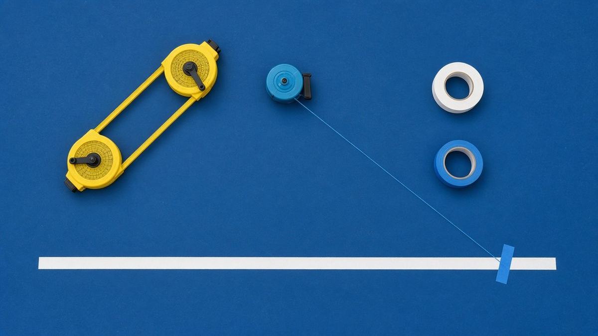 Measuring wheel, chalk line reel, a roll of white court tape and blue painter's tape on a blue court surface next to a freshly taped white line