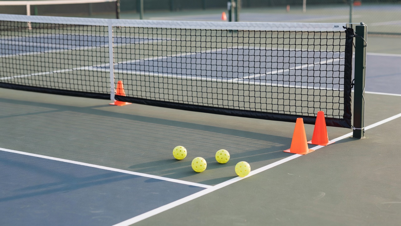 Pickleball kitchen line practice setup with orange cones and soft balls near the net