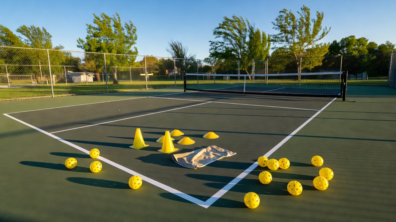 Empty outdoor pickleball court set up for beginner serve drills with target cones and balls