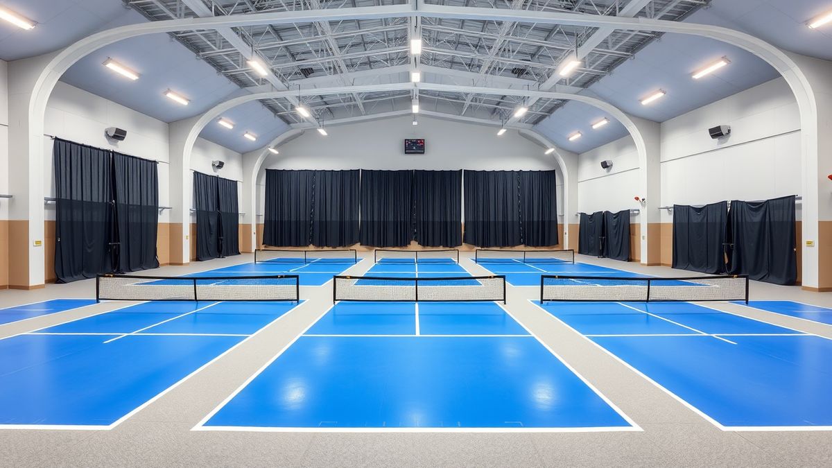 Interior of a large indoor pickleball facility with several blue courts in a row, white lines, black nets and bright overhead lighting, no players