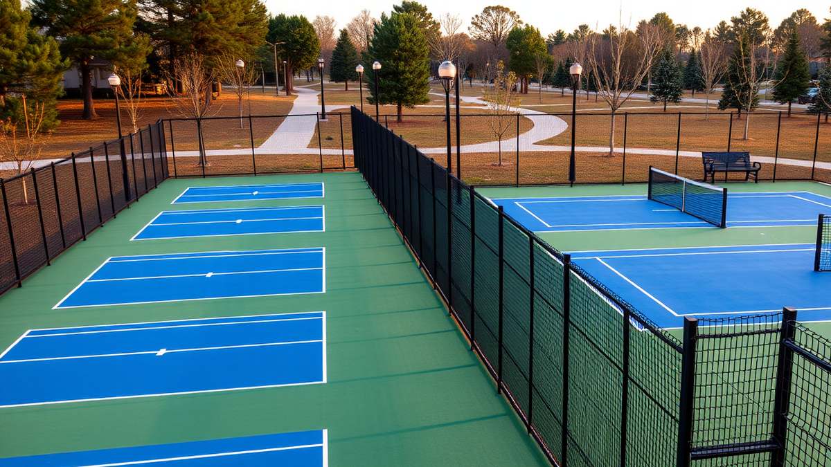 Newly built outdoor public pickleball courts with blue playing surfaces, green surrounds, black fencing and nets in a park at dusk, seen from a slightly raised angle