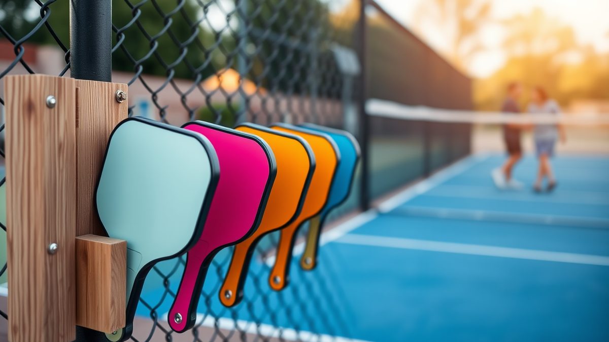 Colorful pickleball paddles lined up in a wooden paddle rack on the fence of an outdoor public court while a game is played behind it
