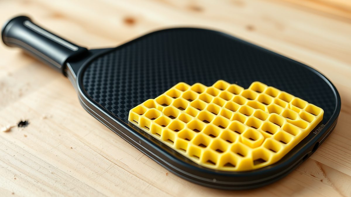 Black carbon fiber pickleball paddle on a wooden workbench with part of the face cut away to show the yellow honeycomb core underneath