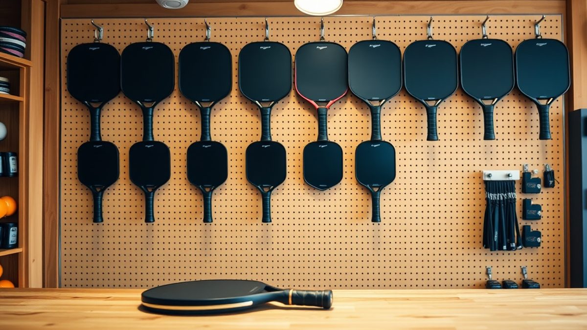 Pegboard wall in a small sports shop with rows of unbranded black pickleball paddles on hooks and one paddle lying on the wooden counter