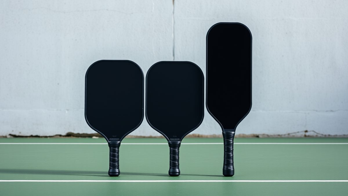 Three unbranded black carbon pickleball paddles standing side by side against a gray wall: a short wide-body, a standard shape, and a long narrow elongated paddle