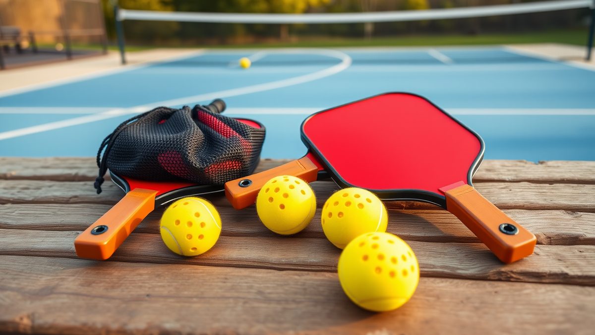 Starter pickleball set on a wooden park bench: two red and orange paddles, a black mesh bag and four yellow perforated pickleballs, with an empty blue court behind