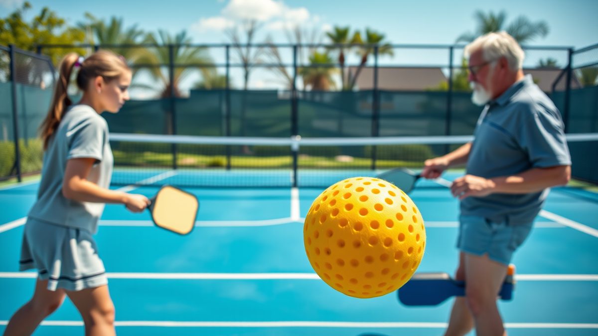 A teenage girl and a gray-haired man rallying in a doubles game on a sunny outdoor public pickleball court, a yellow perforated pickleball flying in the foreground