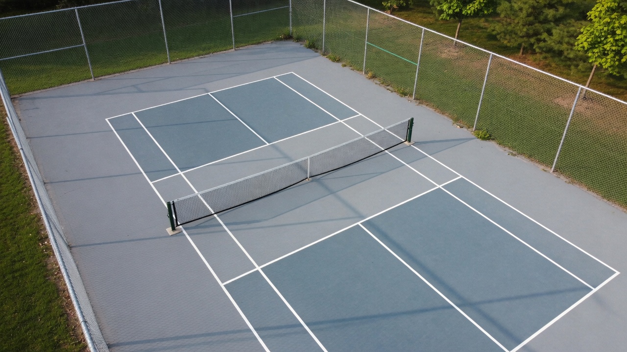 Elevated view of an empty pickleball court with one net, showing center and kitchen geometry