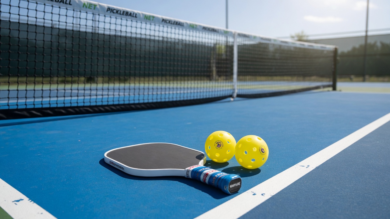 Pickleball paddle and balls on an empty outdoor court with a single net in the distance
