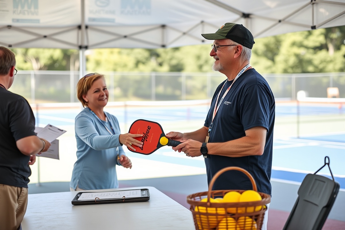 Player at a pickleball tournament check-in table under a tent, with volunteers, a clipboard, and a basket of balls