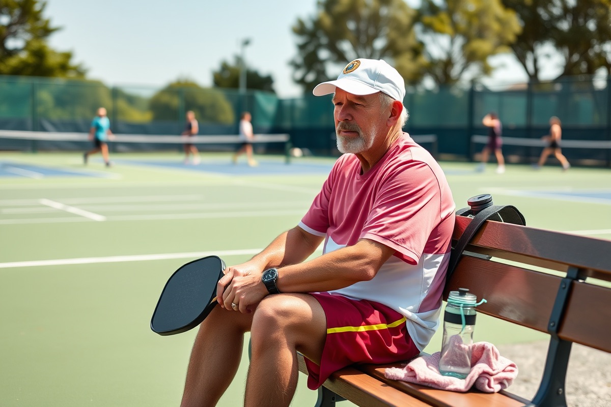 Player resting on a courtside bench between pickleball matches, paddle in hand, with a water bottle and towel