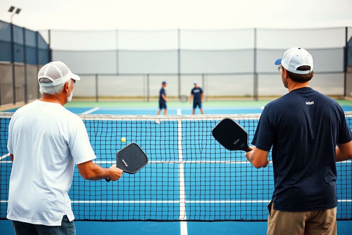Doubles team at the kitchen line during a pickleball match, paddles up, with opponents waiting across the net