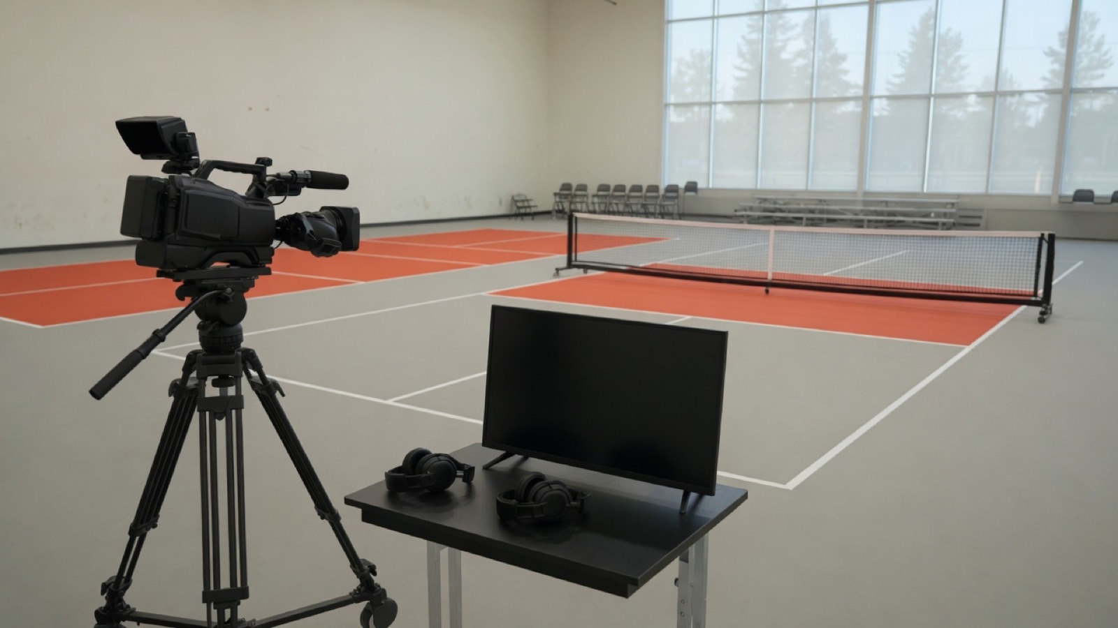 Broadcast camera on a tripod and a commentary desk with two headsets and a monitor beside an empty indoor pickleball court with one portable net