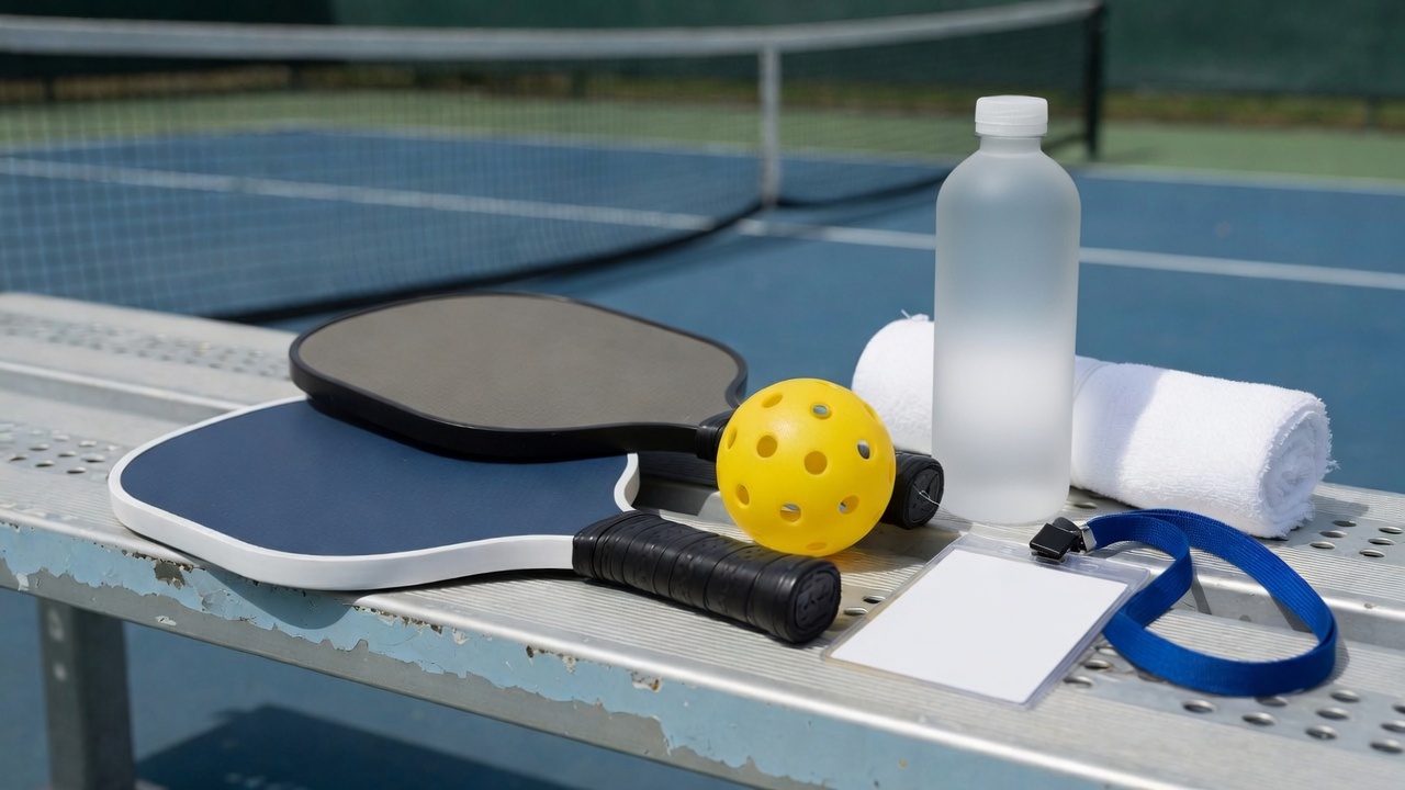 Courtside metal bench with two plain pickleball paddles, a yellow perforated ball, a folded white towel, an unlabeled water bottle, and a blank credential badge