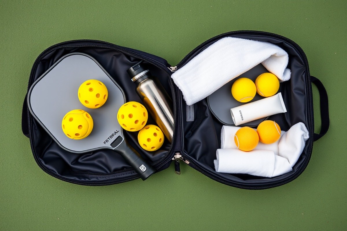 Open sports bag packed for a pickleball tournament with two paddles, perforated pickleballs, a water bottle, and towels
