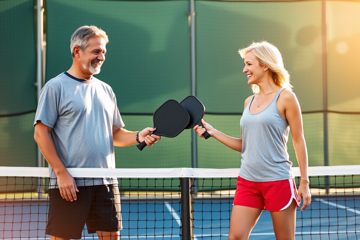 Two amateur pickleball players tapping paddles at the net after a tournament match