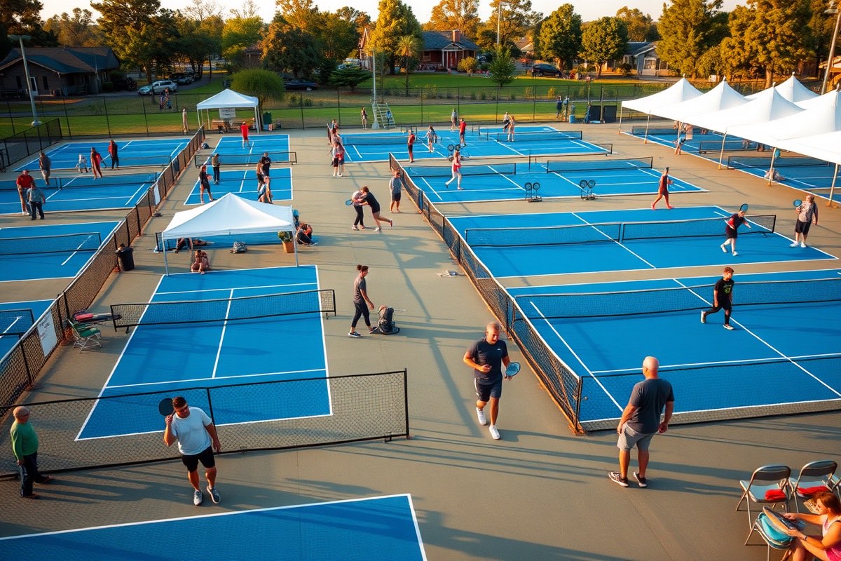 Busy outdoor pickleball complex on a tournament morning, with rows of blue courts, canopy tents, and players walking between matches
